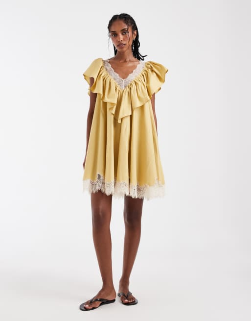 ASOS DESIGN - Mini jurk van popeline met V-hals, ruches en kanten randen in oudgeel, 3 van 4