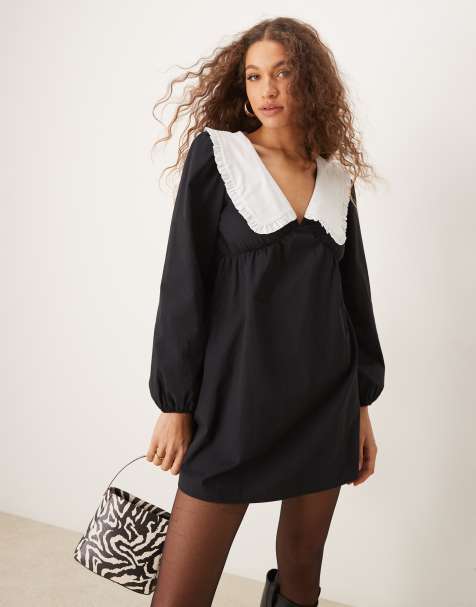 ASOS DESIGN - Mini-jurk van poplin met contrasterende kraag in zwart - view 1