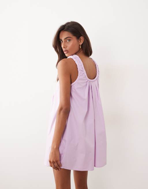 ASOS DESIGN - Mini jurk van poplin met gerimpelde lage ronde hals in lila met wassing, 4 van 4