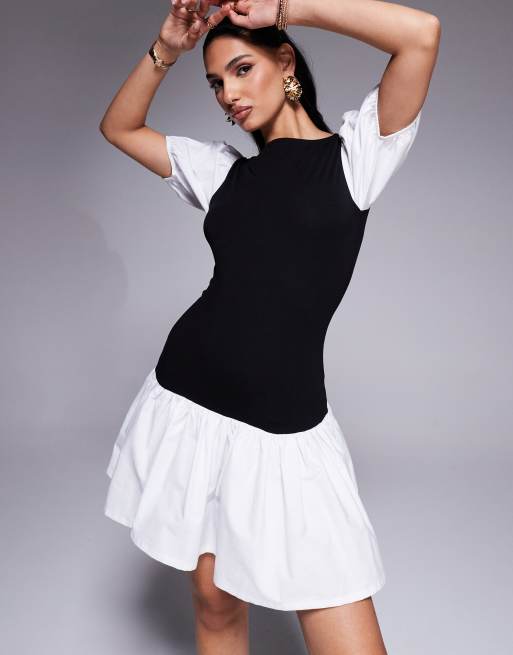 ASOS DESIGN - Mini jurk van poplinmix met pofmouwen in zwart en wit, 3 van 4