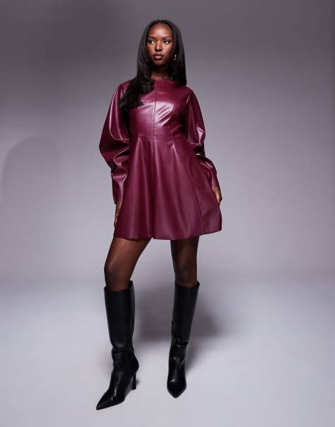 ASOS DESIGN - Mini-jurk van PU met cocoonmouwen en siernaden in bordeauxrood - view 1