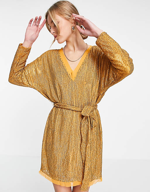 ASOS DESIGN - Mini jurk versierd met lineaire lovertjes en gestrikte taille in oranje