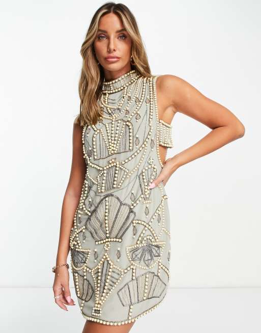 ASOS DESIGN - Mini-jurk versierd met pareltjes en banden aan de zijkant in blauw
