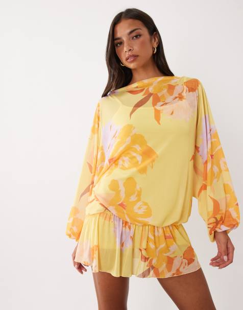ASOS DESIGN Mini-Kleid aus Mesh mit Blumenmuster und Blouson-Ärmeln in Gelb - view 1