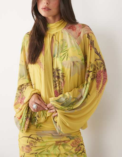 ASOS DESIGN Mini-Kleid aus Mesh mit Blumenprint, tiefer Taille, Blouson und Bindekragen in Chartreuse, 3 von 4