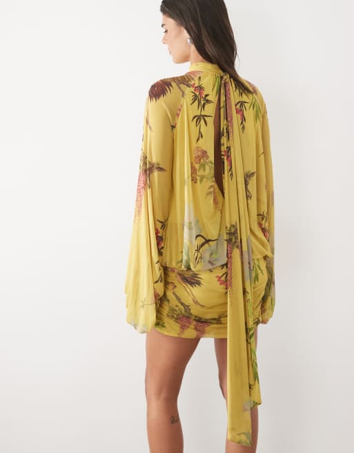 ASOS DESIGN Mini-Kleid aus Mesh mit Blumenprint, tiefer Taille, Blouson und Bindekragen in Chartreuse, 4 von 4