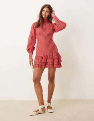 ASOS DESIGN mini lace embroidered frill dress in smoky rose-Pink