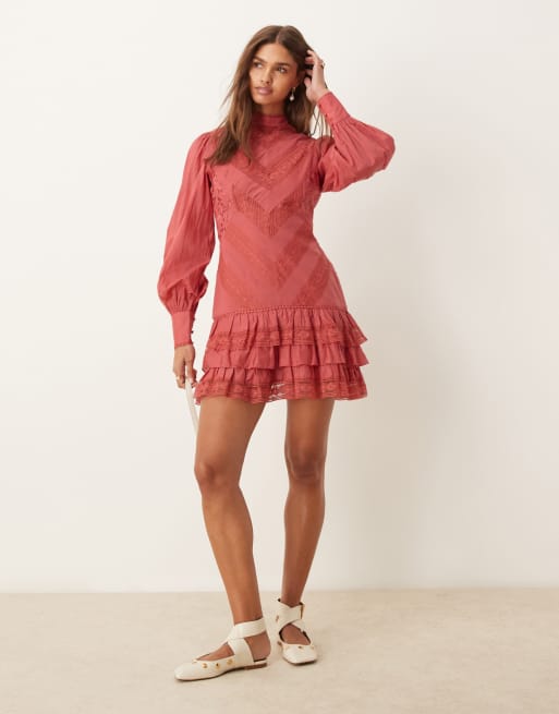 ASOS DESIGN mini lace embroidered frill dress in smoky rose ASOS