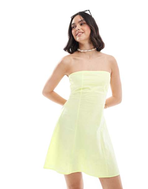 ASOS DESIGN mini linen bandeau sundress in lemon - view 1