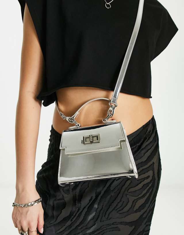 ASOS DESIGN mini lock detail bag with top handle and detachable crossbody strap in silver