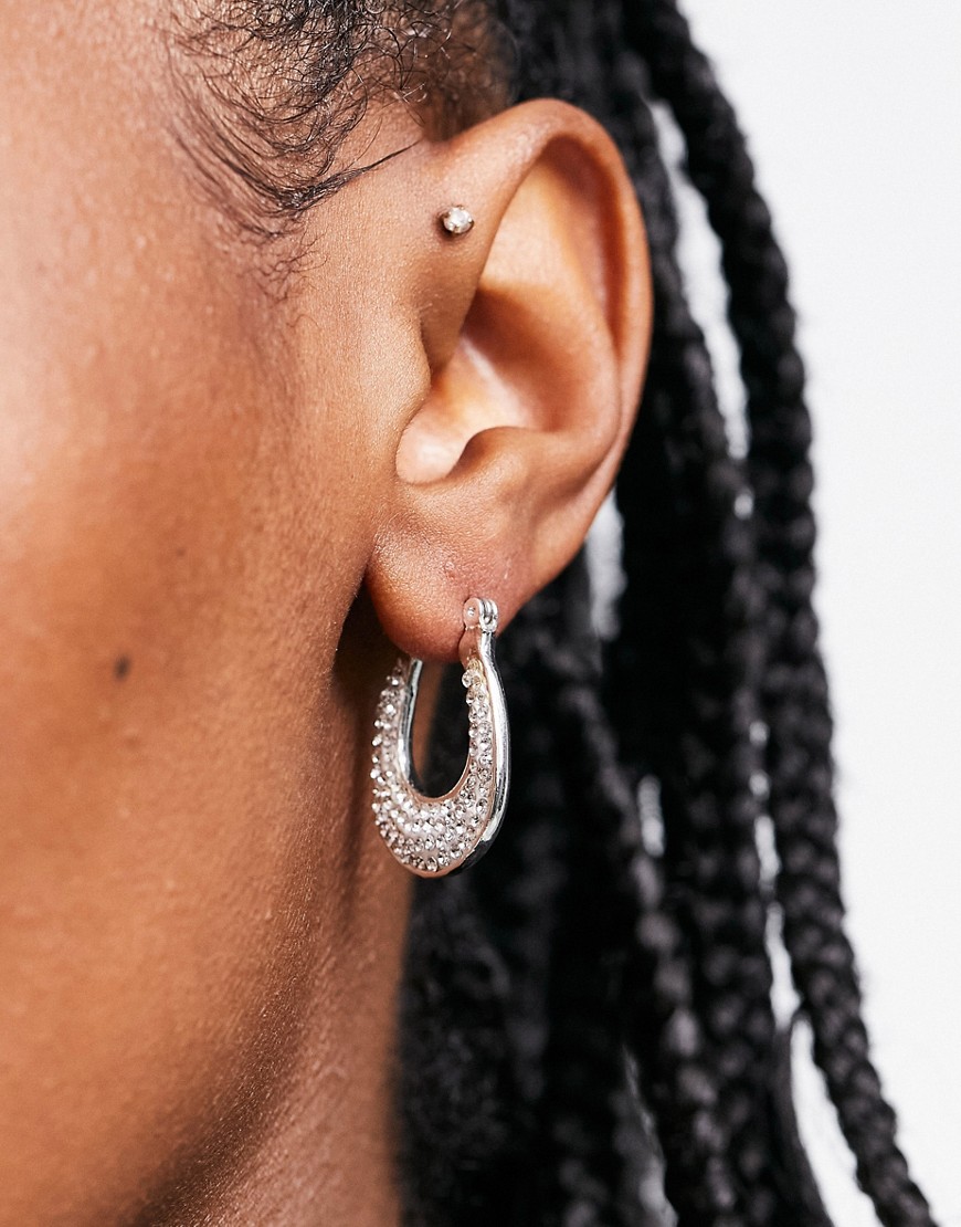 ASOS DESIGN mini oval hoop earrings in crystal drench in silver tone