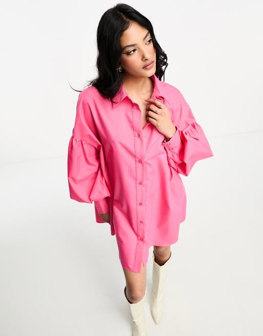 ASOS DESIGN - Mini-overhemd jurk met boyfriend-pasvorm en blousonmouwen in roze, 2 van 4