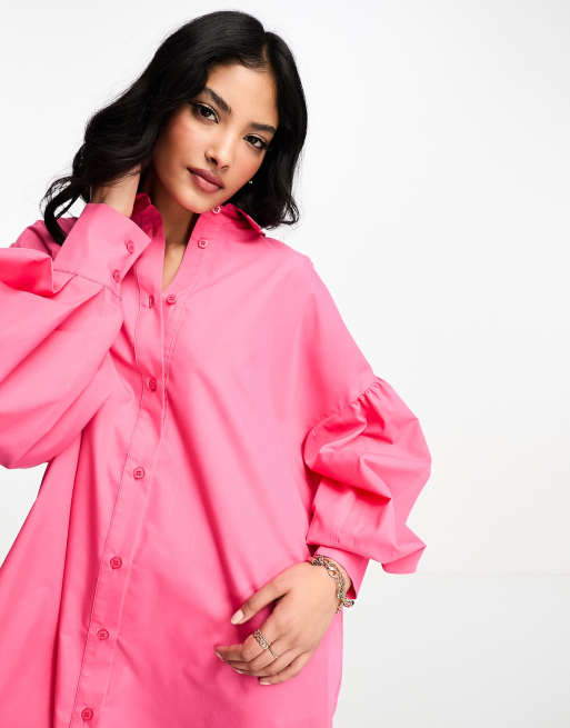ASOS DESIGN - Mini-overhemd jurk met boyfriend-pasvorm en blousonmouwen in roze, 3 van 4