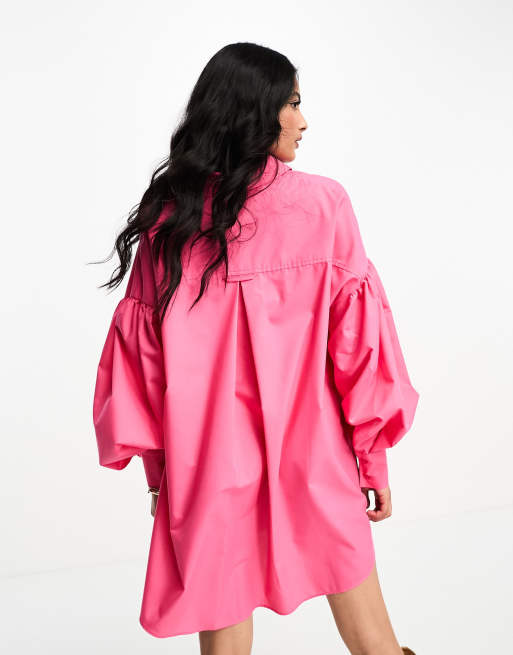 ASOS DESIGN - Mini-overhemd jurk met boyfriend-pasvorm en blousonmouwen in roze, 4 van 4