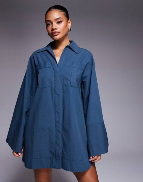 ASOS DESIGN - Mini-overhemdjurk met brede manchetten en oversized zakken in inktblauw - view 1