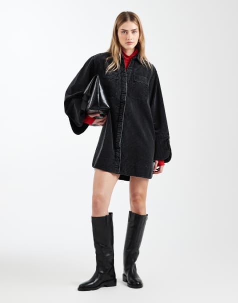 ASOS DESIGN - Mini overhemdjurk met brede manchetten en oversized zakken in zwart met wassing - view 1