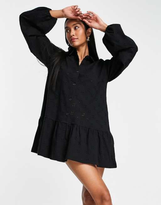 ASOS DESIGN - Mini overhemdjurk met broderie en lange mouwen in zwart 