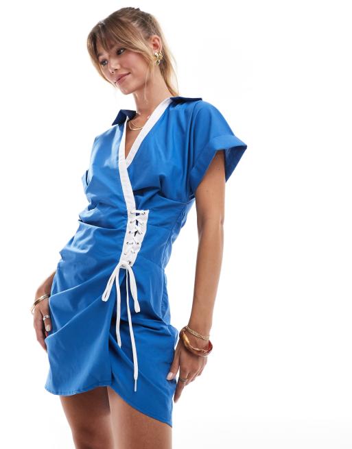 ASOS DESIGN - Mini-overhemdjurk met contrasterend veterdetail in blauw