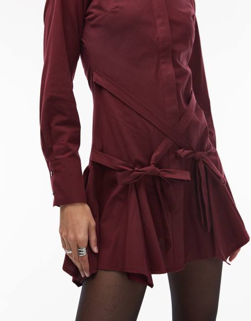 ASOS DESIGN - Mini overhemdjurk met gestrikte taille in bessenkleur, 3 van 4