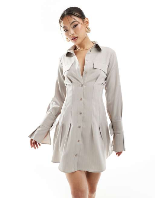 ASOS DESIGN - Mini overhemdjurk met oversized manchetten in stone met krijtstreep