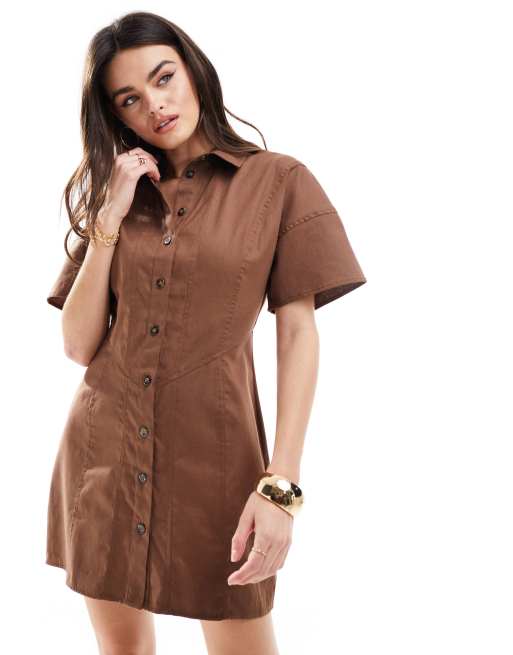 ASOS DESIGN - Mini overhemdjurk van keperstof met naaddetails in chocoladebruin