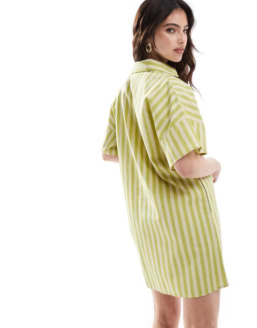 ASOS DESIGN - Mini overhemdjurk van linnenmix met korte mouwen en groene strepen, 3 van 4