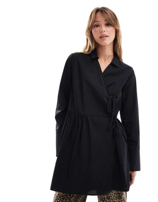 ASOS DESIGN - Mini overhemdjurk van poplin met asymmetrisch strikdetail in zwart