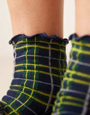 Asos Design Mini Plaid Pattern Socks With Frill Tops In Multi