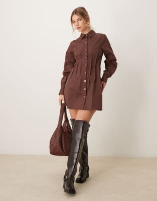 mini pleated twill shirt dress in chocolate brown