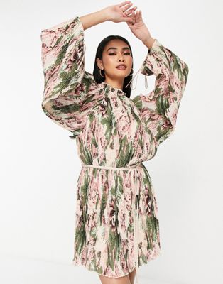 ASOS DESIGN mini plisse dress with blouson sleeve and tie detail in romantic floral print