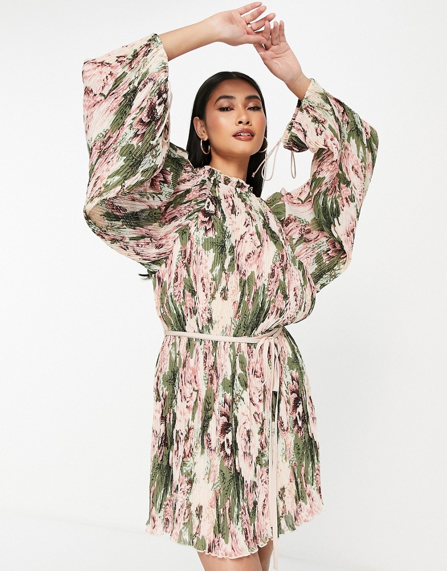 ASOS DESIGN mini plisse dress with blouson sleeve and tie detail in romantic floral print-Multi