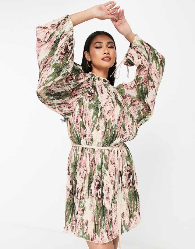 ASOS DESIGN mini plisse dress with blouson sleeve and tie detail in romantic floral print