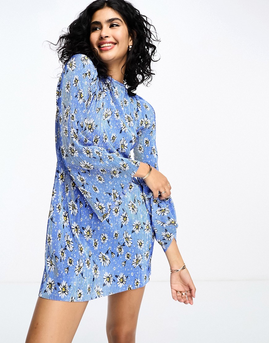ASOS DESIGN mini plisse dress with flared sleeve in blue ditsy