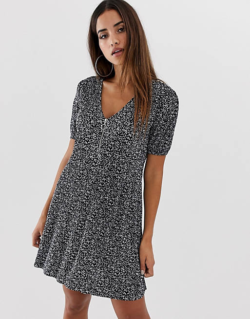 ASOS DESIGN mini plisse swing dress with zip in ditsy print | ASOS