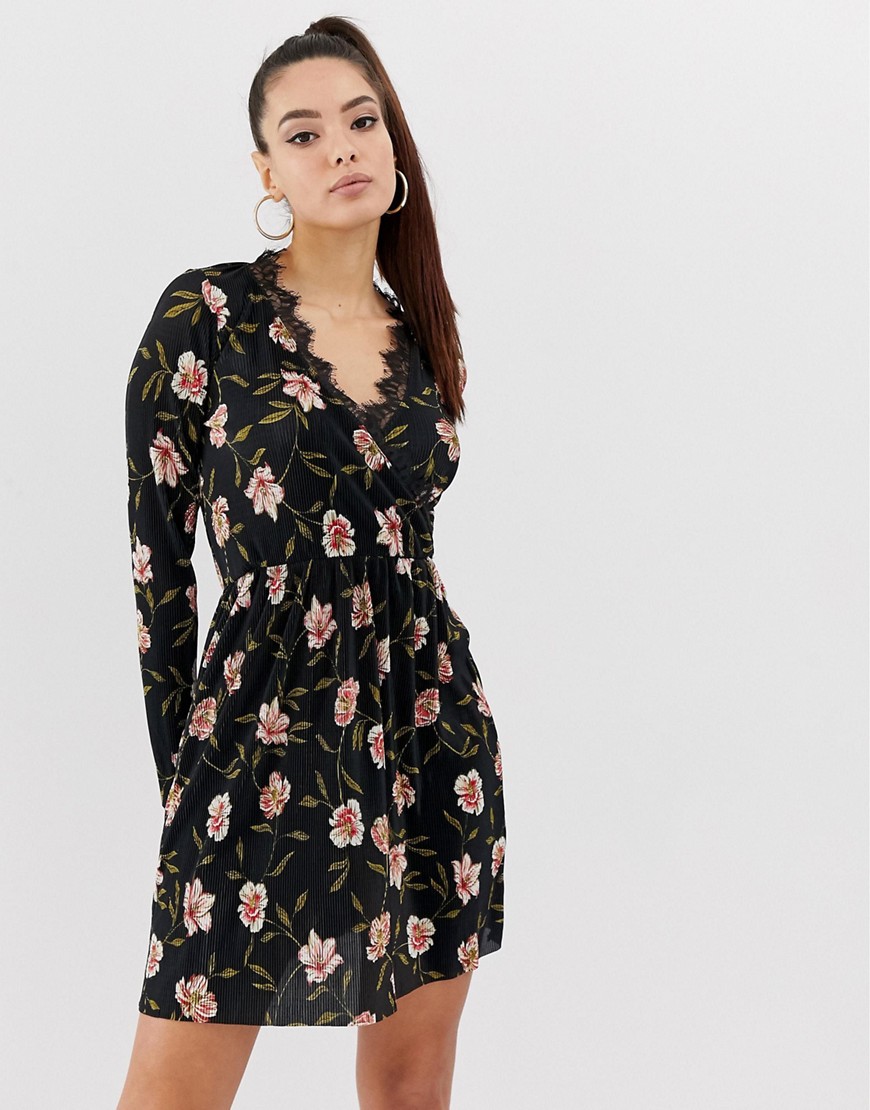 ASOS DESIGN mini plisse wrap dress with lace trim in floral print-Multi