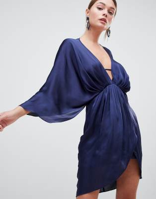 ASOS DESIGN mini plunge satin kimono dress-Navy