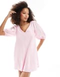 [ASOS DESIGN] ASOS DESIGN mini puff sleeve dress with all over chevron pleat detail in bubblegum pink 6 Bubble Gum Pink
