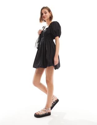 ASOS DESIGN mini puffball dress with frill edge detail in black