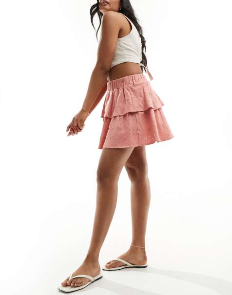 ASOS DESIGN - Mini rara rok met broderie in koraalrood - view 1