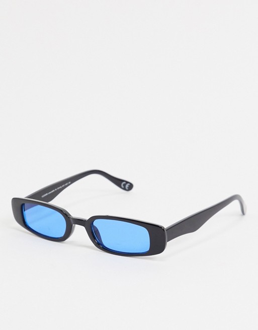 ASOS DESIGN mini rectangle sunglasses in black with blue lens