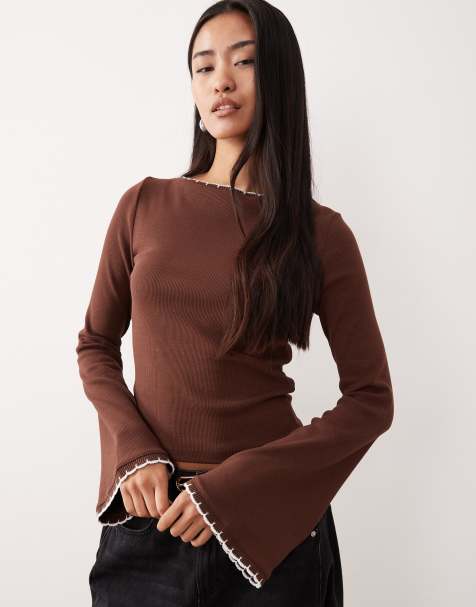 ASOS DESIGN mini rib flare sleeve top with scallop edge detail in brown - view 1