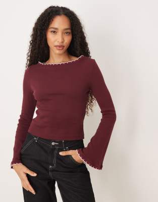 Asos Design Mini Rib Flare Sleeve Top With Scallop Edge Detail In Red