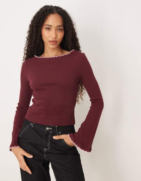ASOS DESIGN mini rib flare sleeve top with scallop edge detail in plum - view 1