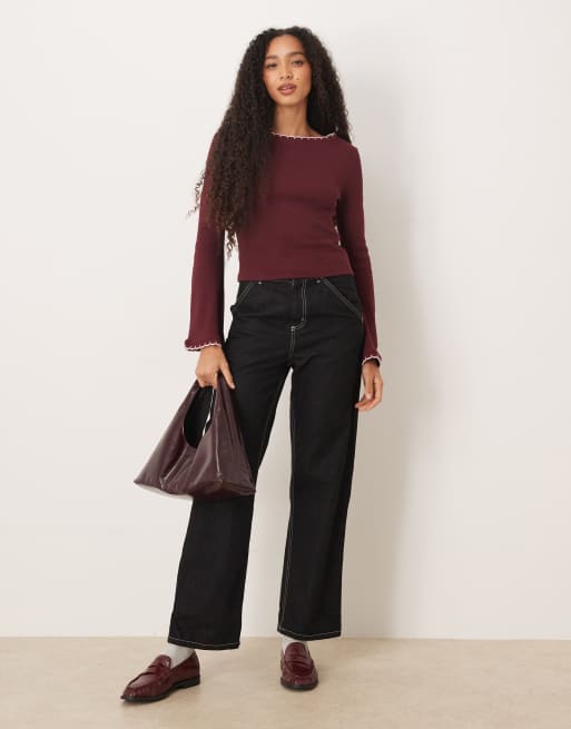 ASOS DESIGN mini rib flare sleeve top with scallop edge detail in plum, 2 of 4
