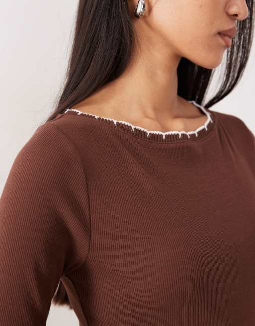 ASOS DESIGN mini rib flared sleeve top with scalloped edge detail in brown