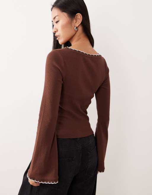 ASOS DESIGN mini rib flared sleeve top with scalloped edge detail in brown