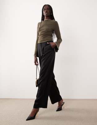 Asos Design Mini Rib Flared Sleeve Top With Scalloped Edge Detail In Green