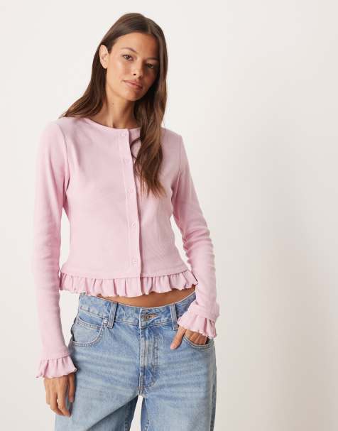 ASOS DESIGN mini rib frill hem button through top in pink - view 1