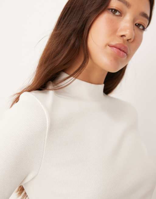 ASOS DESIGN mini rib high neck top with half sleeve detail in ecru | ASOS