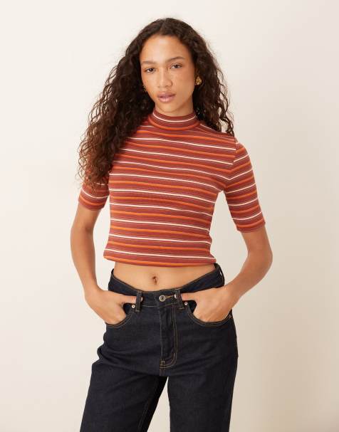 ASOS DESIGN mini rib high neck top with half sleeve detail in - view 1